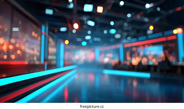 Futuristic News Studio Interior with Blurred People