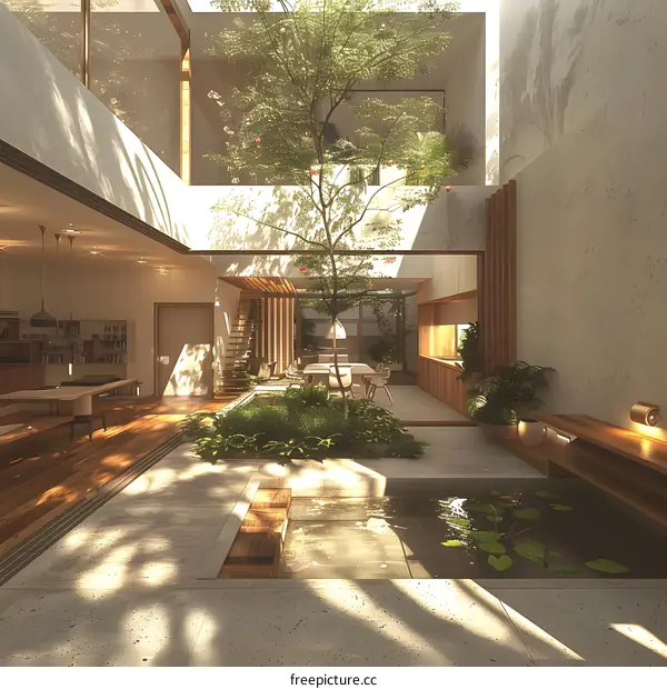 Modern Home with Indoor Garden and Koi Pond