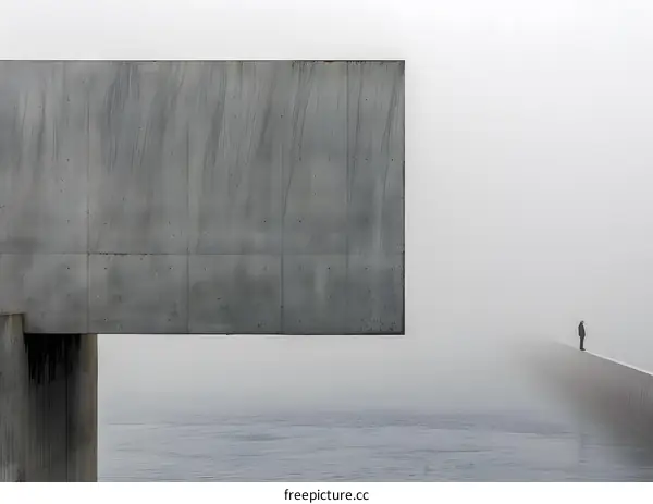 Minimalist Concrete Structure with Person Standing in Fog