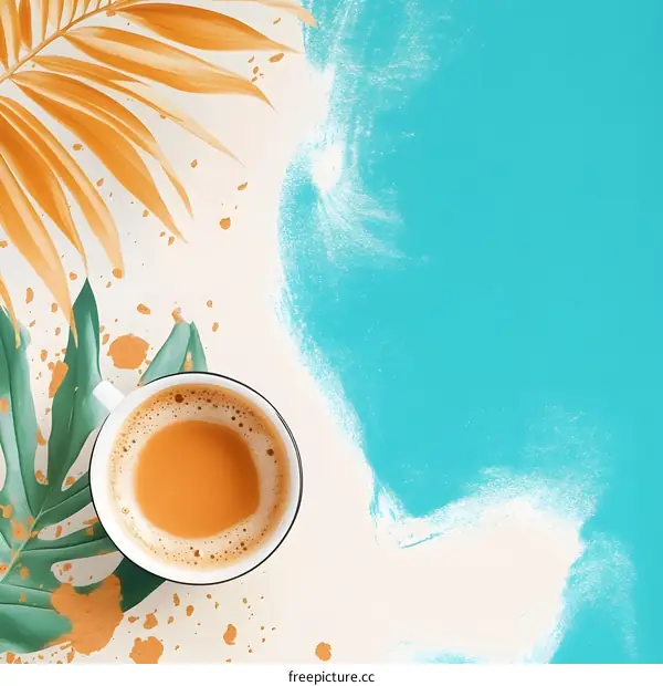 Coffee Cup with Palm Leaves on Blue and White Background