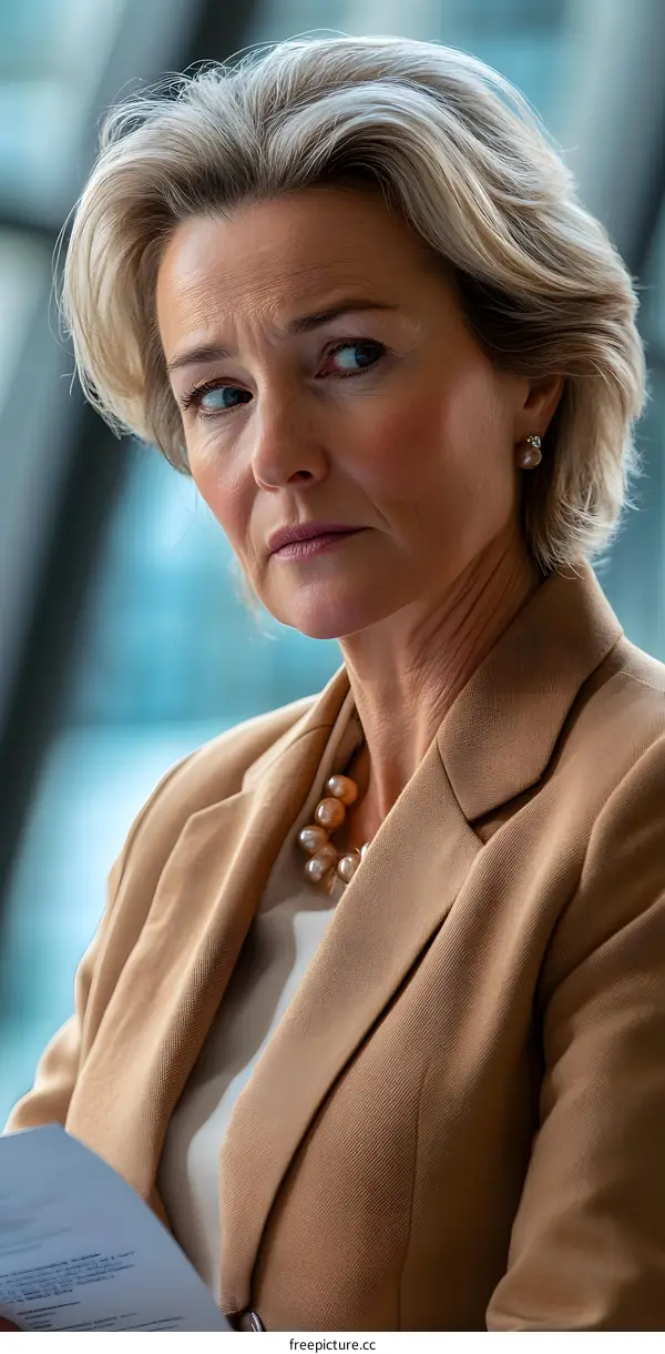Businesswoman with Serious Expression Holding Documents