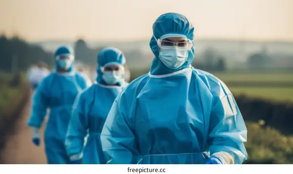 Healthcare workers in hazmat suits walk through a field