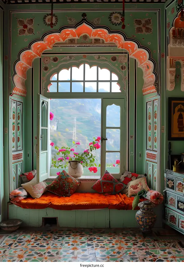 ornate colorful room with open window and pillows