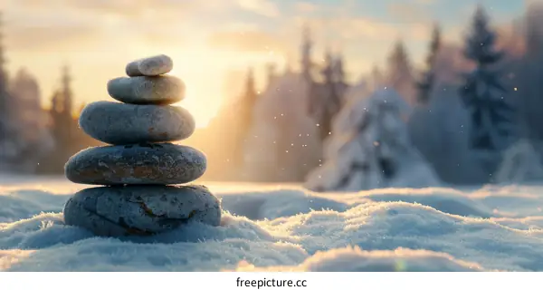 Stacked stones in perfect balance on snowy ground