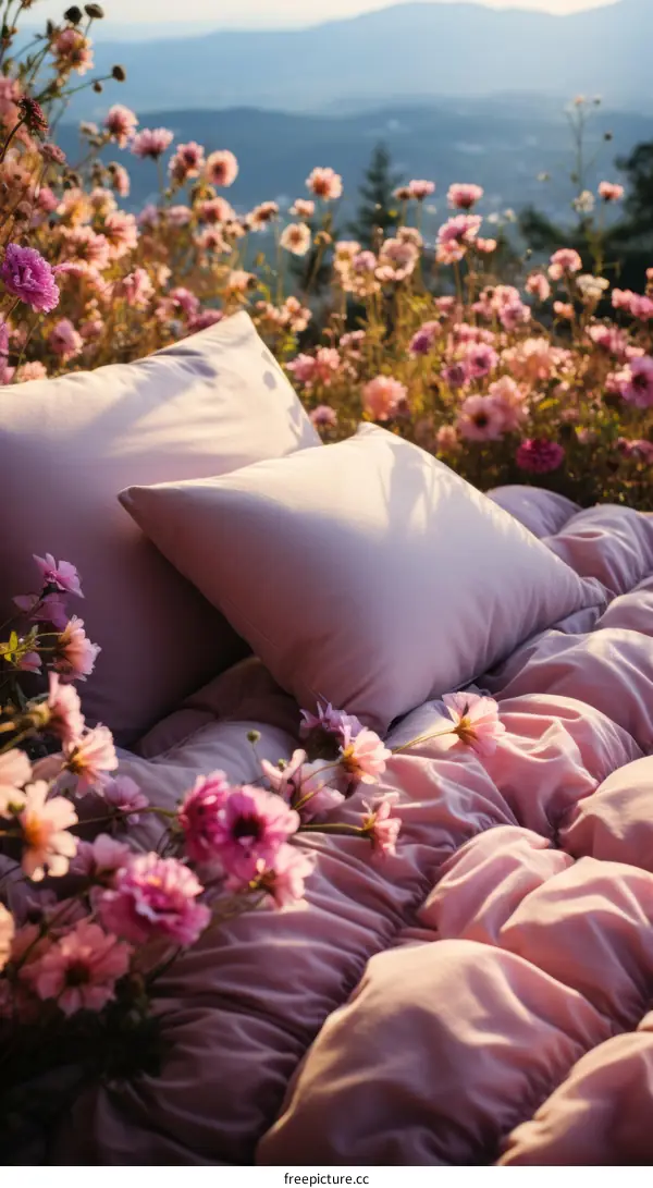 Pillows and bedding in a field of pink flowers with a mountain landscape in the distance