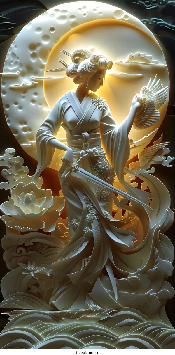 A woman holding a sword and a bird with a full moon in the background