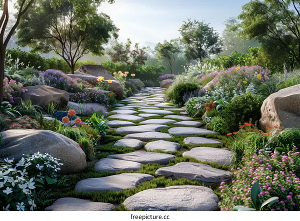 Stone Path Winding Through Lush Garden