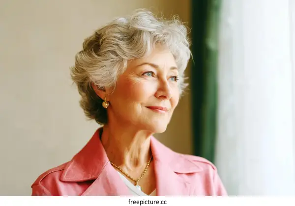 Thoughtful Senior Woman in Pink Jacket
