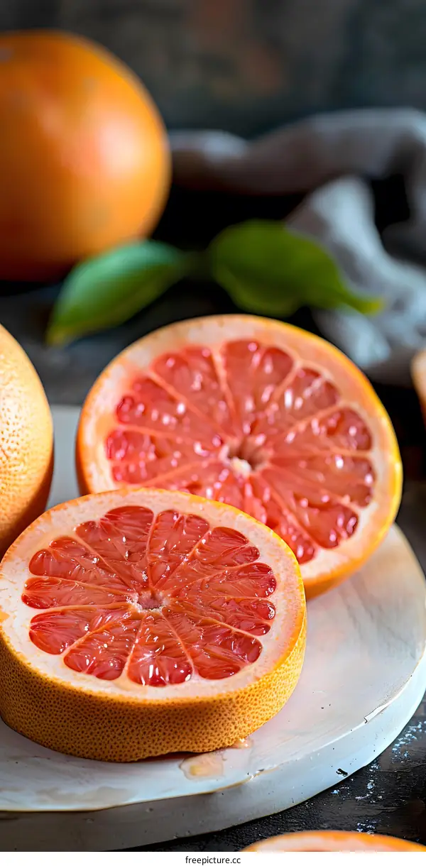 Close Up of Sliced Grapefruit on Wooden Cutting Board