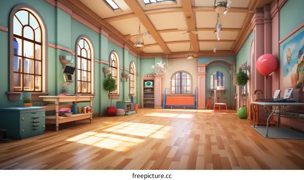 A brightly lit room with a variety of toys and furniture