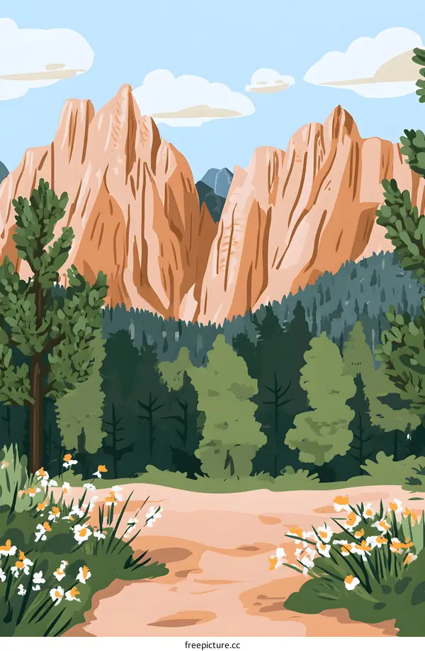 Mountain Landscape Illustration With Path and Flowers