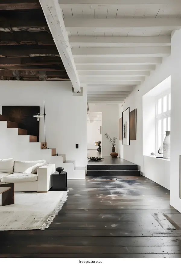 Modern Minimalist Interior Design with Exposed Wooden Beams and White Walls