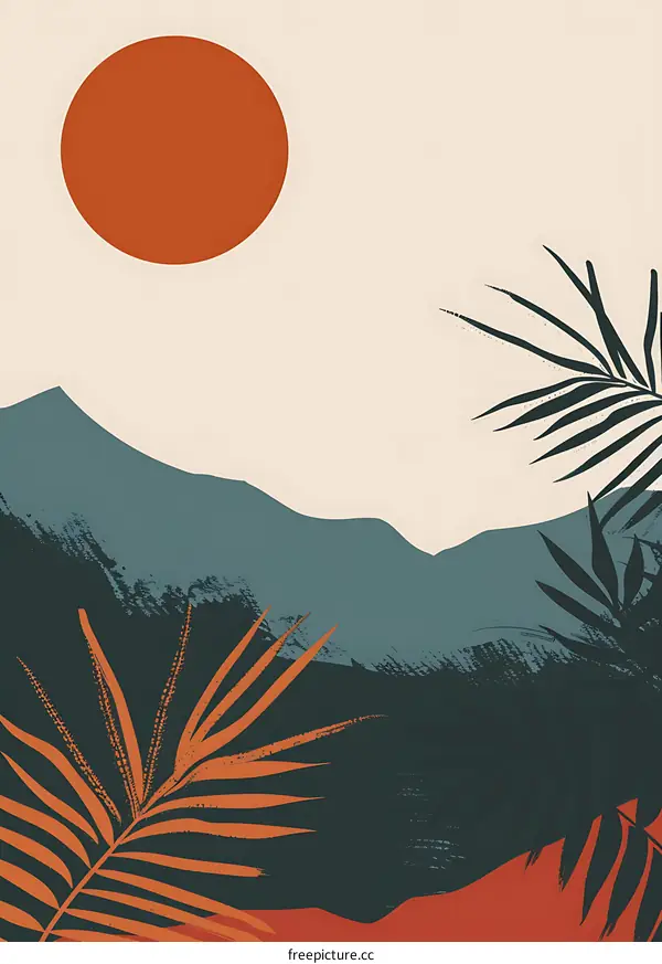 Abstract Minimalist Mountain Landscape With Palm Leaves And Sun