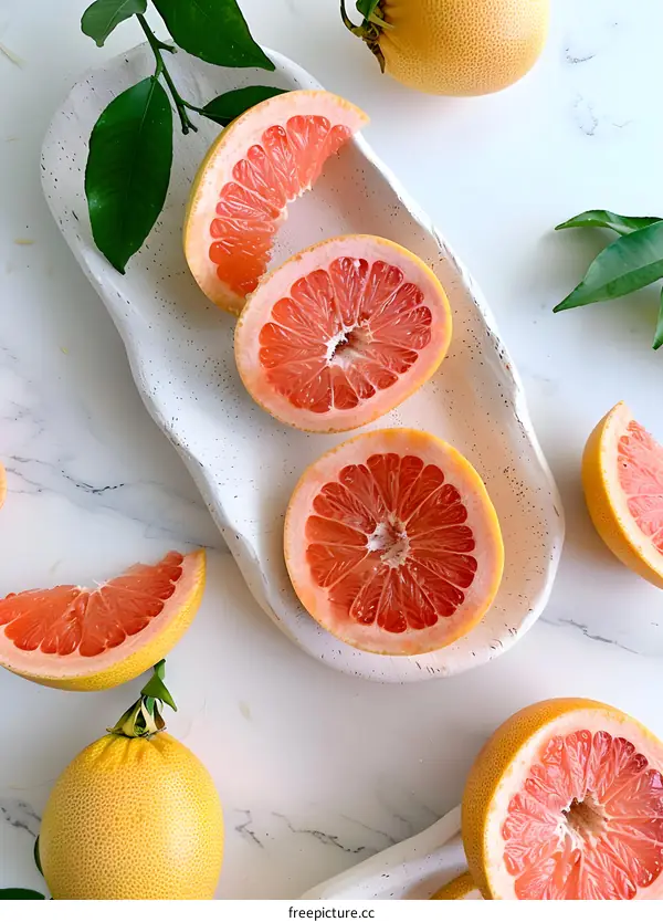 Fresh Grapefruit Slices on a White Plate