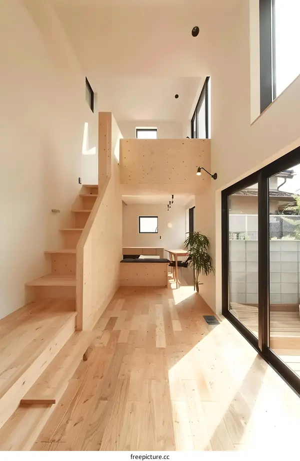 Modern Minimalist Wooden Staircase Design With Large Windows