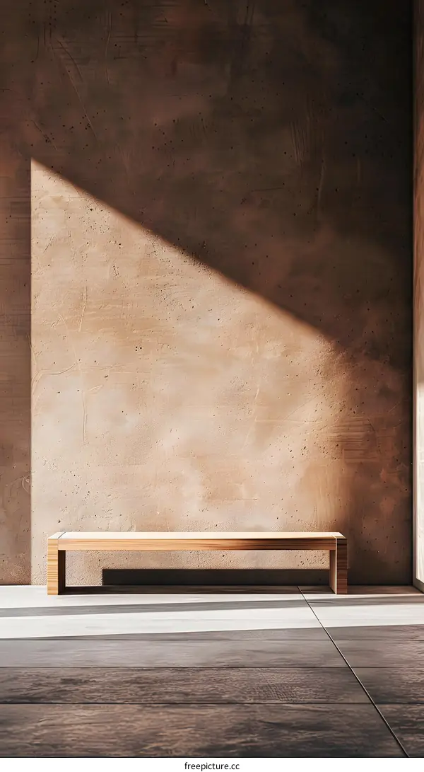 Minimalist Wooden Bench Against Concrete Wall