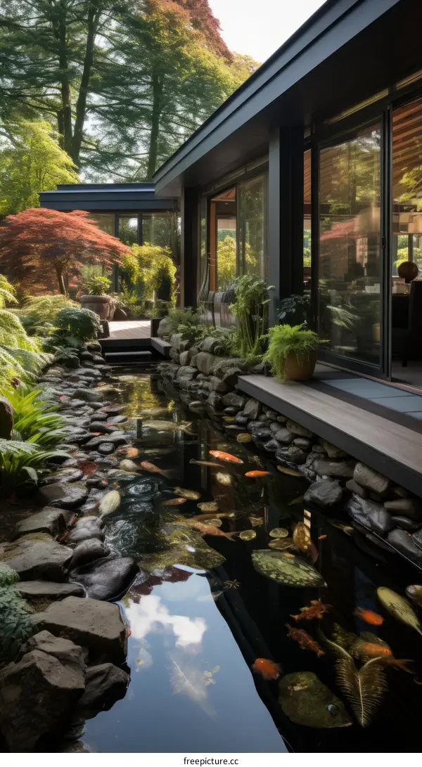 A tranquil koi pond in a lush Japanese garden