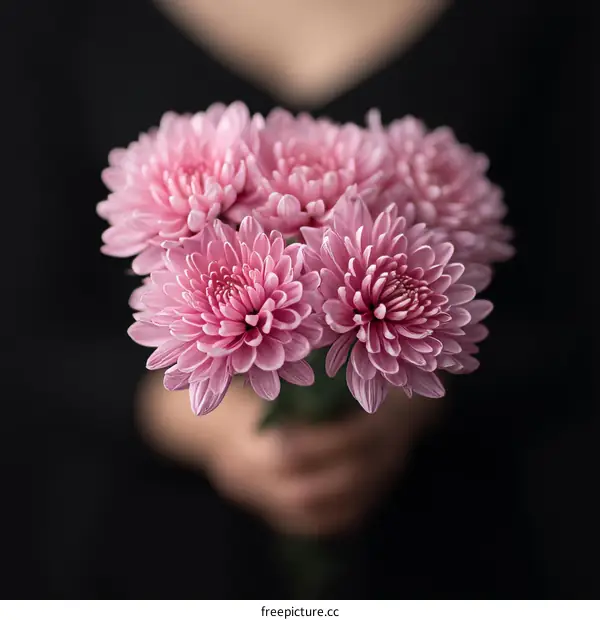 Beautiful Pink Chrysanthemum Bouquet Held by a Person
