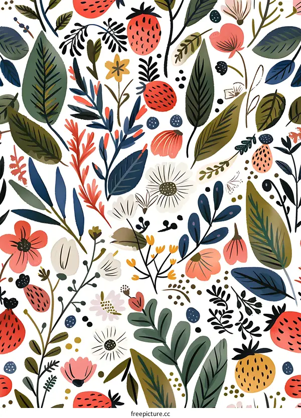Seamless Floral Pattern with Strawberries and Leaves