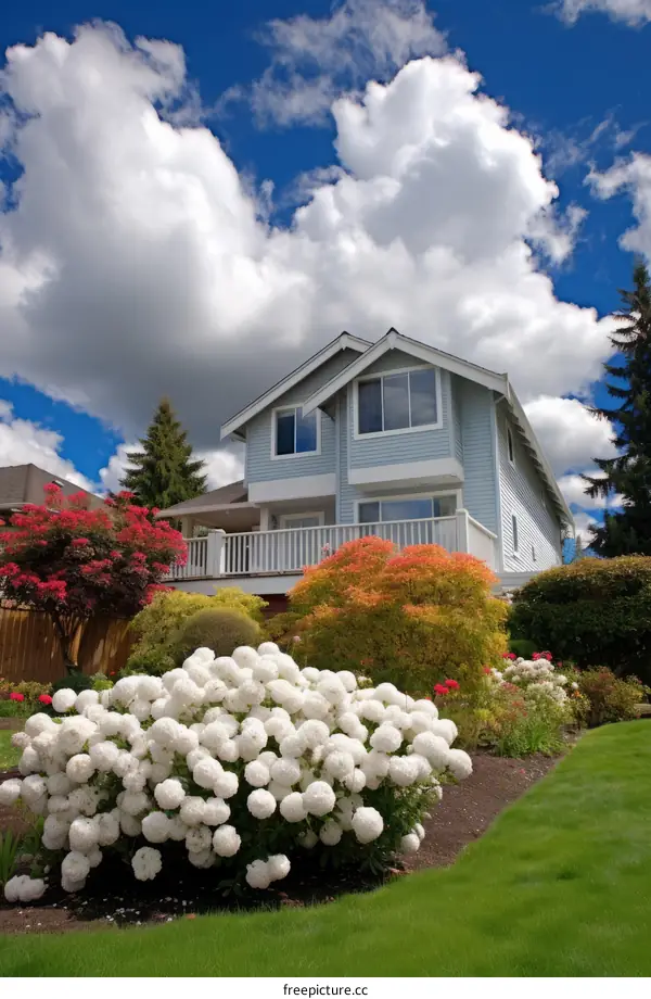 Colorful flowers and a beautiful house with a large front yard
