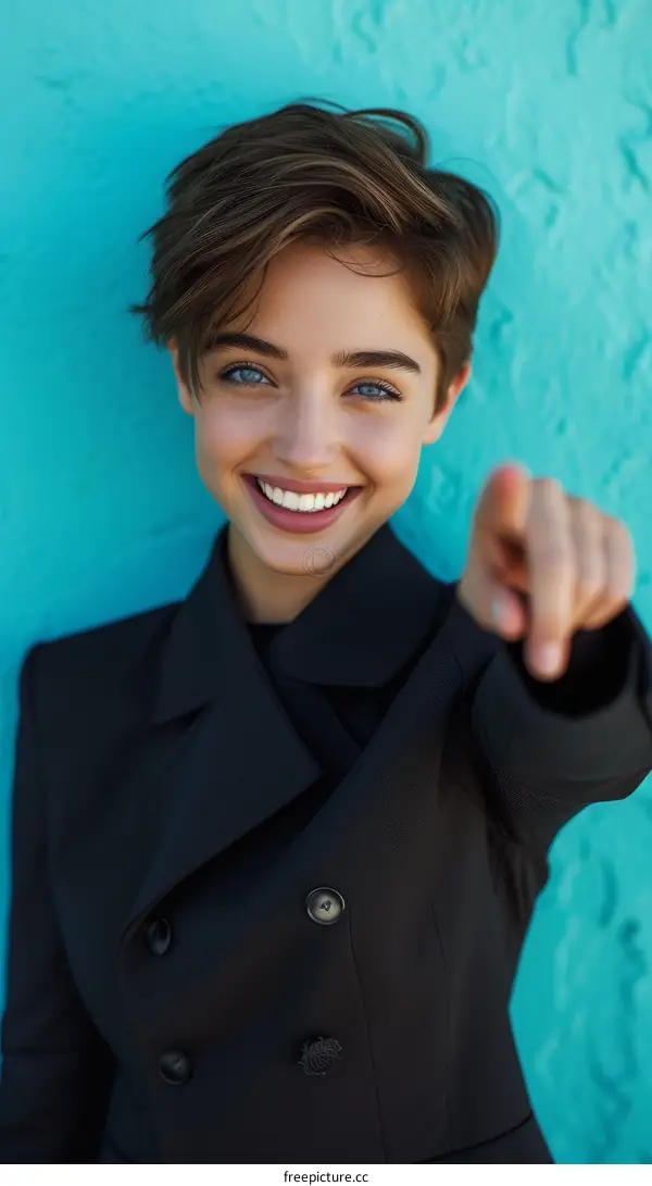 Portrait of a young woman with short hair smiling and pointing at the camera