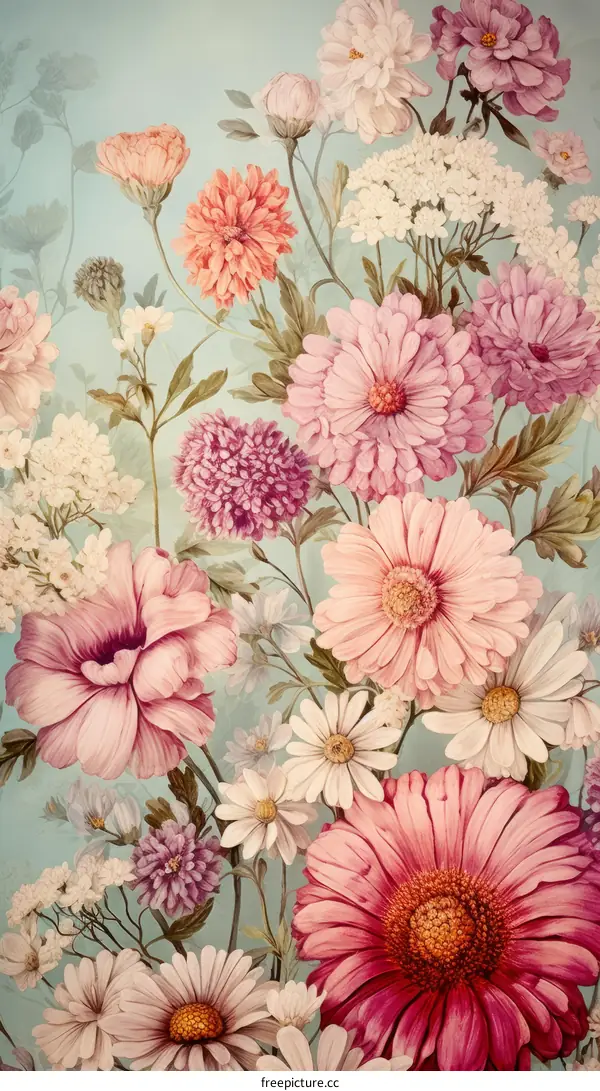 A beautiful bouquet of flowers with white, pink, and purple flowers.