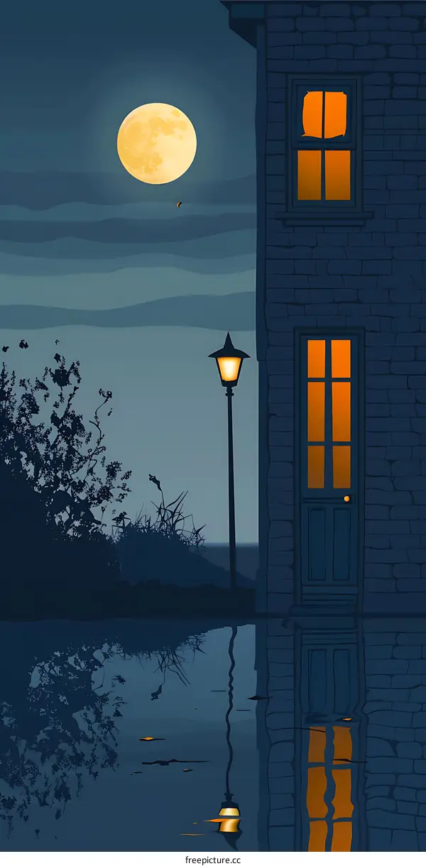 Night Scene with a Full Moon, a Streetlight, and a Building