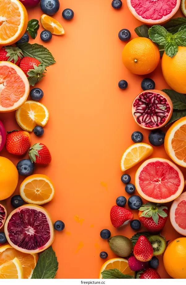 Colorful Fruit and Berries on Orange Background