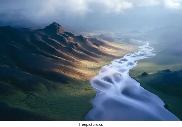 Aerial View of a Winding River Through Icelandic Mountains