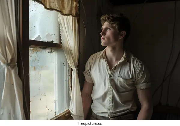 Young Man Looking Out Window in Old Rustic House