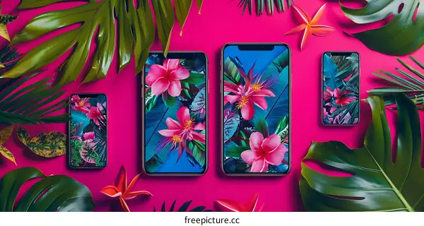 Tropical Flowers and Leaves on Pink Background with Smartphones