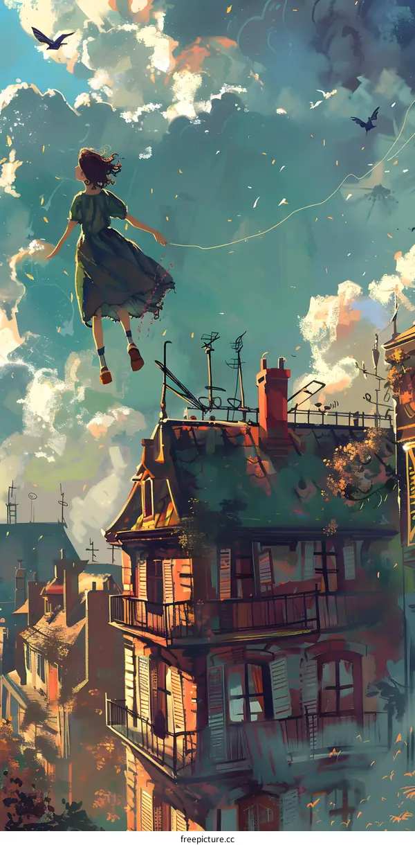 Girl Flying Over City With String