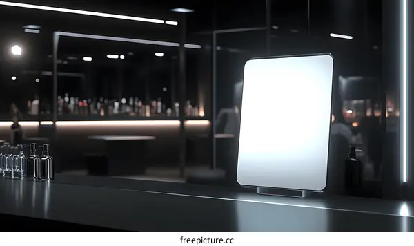 Blank White Screen on Black Countertop in Bar Setting