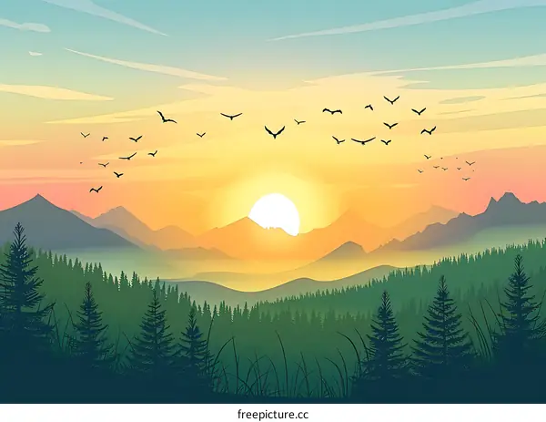 Sunrise over Mountains and Forest