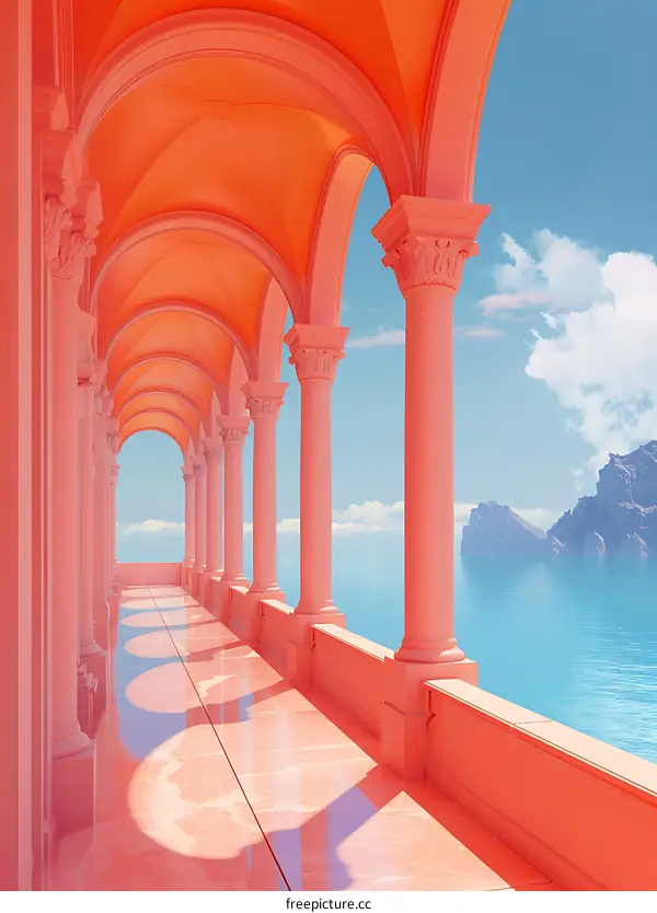 Pink Archway Corridor Overlooking Ocean