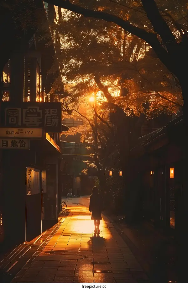 Sunset Silhouette of Woman Walking on a Brick Pathway in Japan