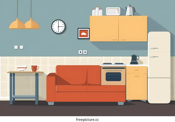 Modern Kitchen Illustration With Red Couch And White Appliances