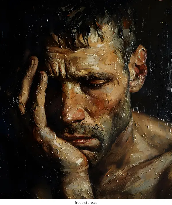 Mans Portrait In Oil Painting Style With Dark Background