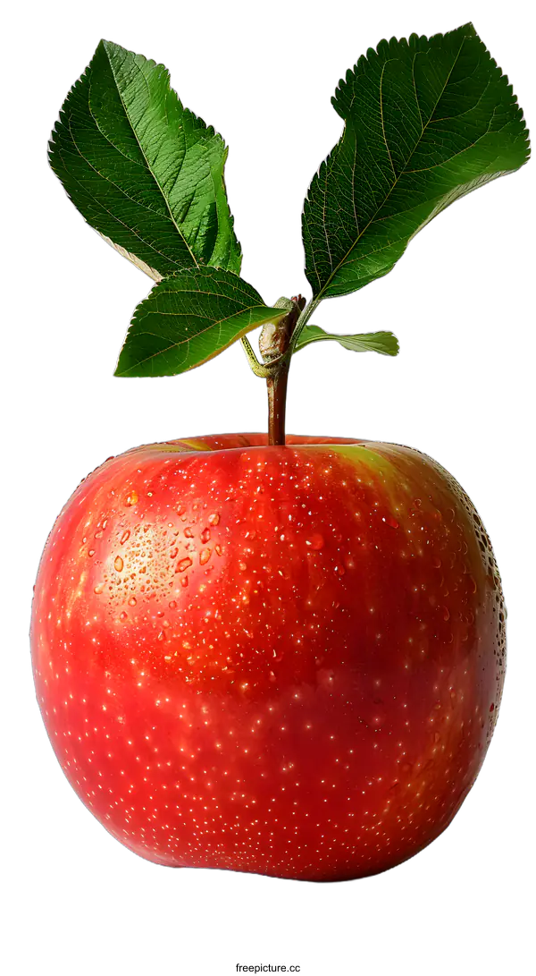 [Transparent Background PNG]Fresh red apple with water drops and leaves