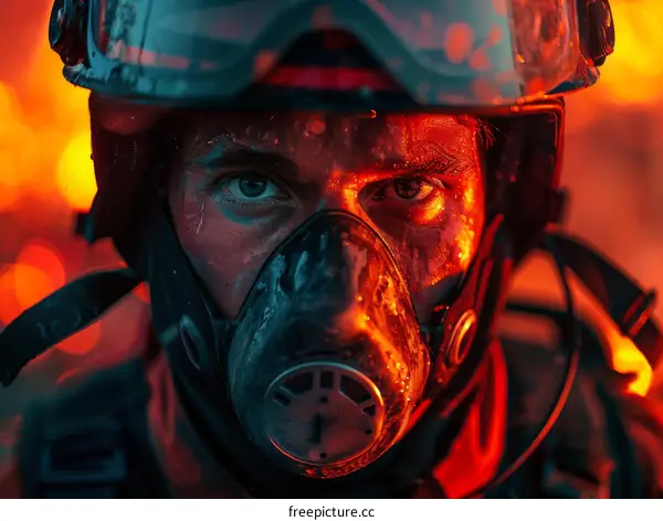 Firefighter in protective gear with a gas mask