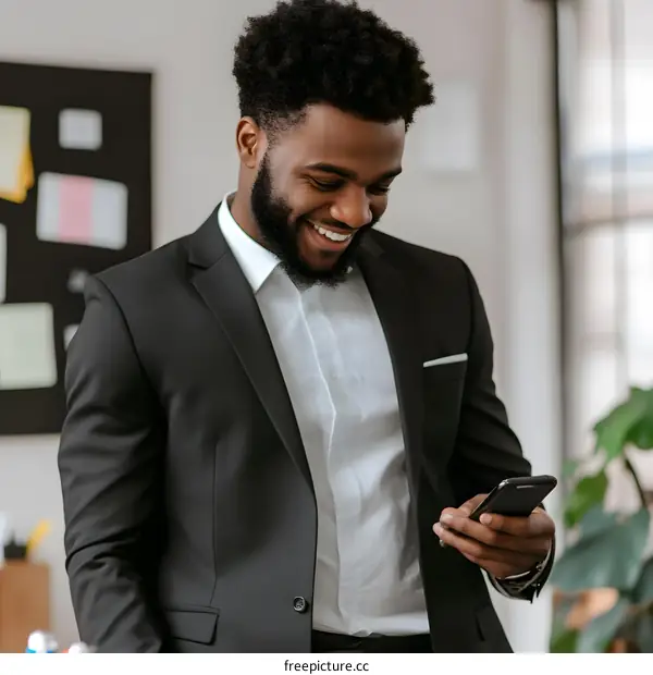 Smiling Black Businessman Looking At Phone