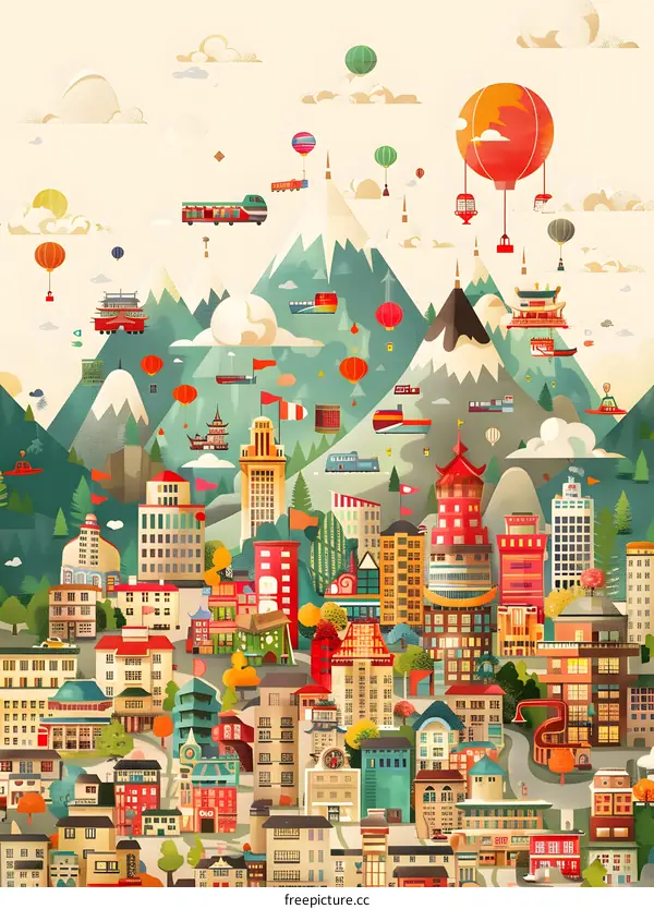 Cityscape with Mountains and Hot Air Balloons Illustration