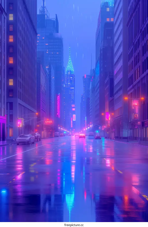 Neon Cityscape: A Lonely Car Drives Through Rain