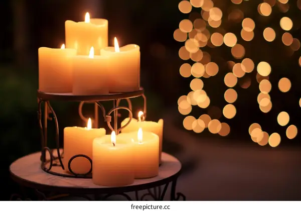 An arrangement of lighted candles on a stand with a blurred background of tiny lights.
