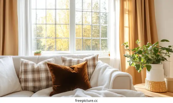 Autumn Living Room with Cozy Pillows and Plants