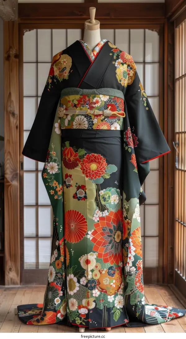 Black and Green Kimono with Floral Pattern
