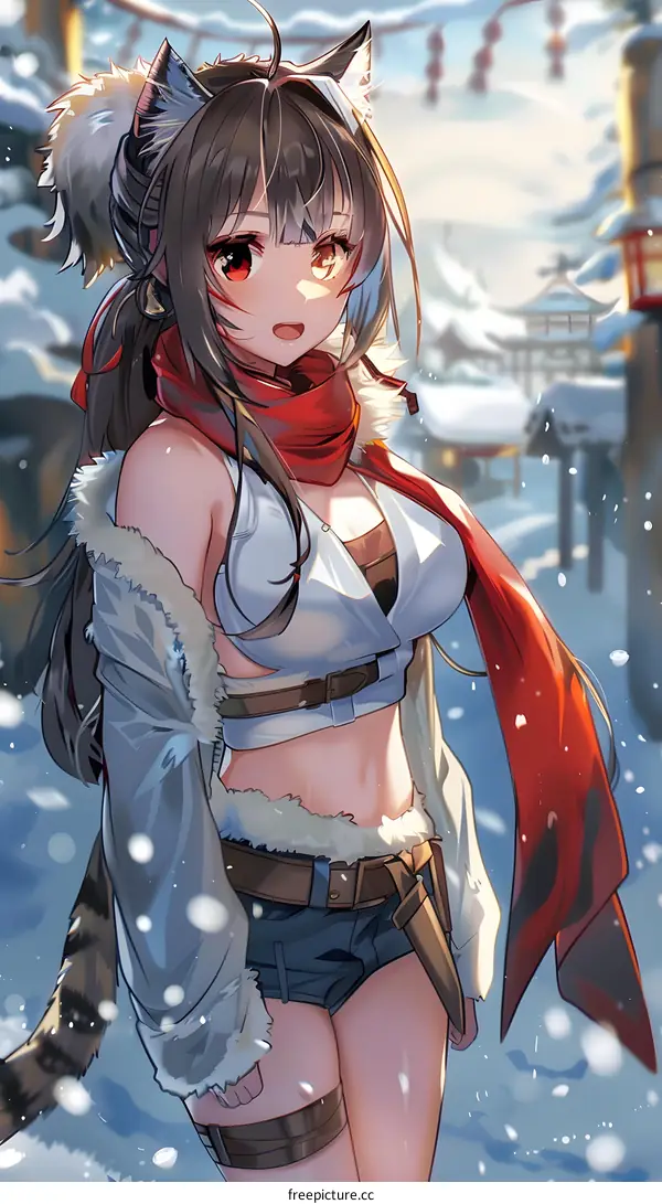 Anime Girl with Cat Ears and Tail in Snowy Winter Scene