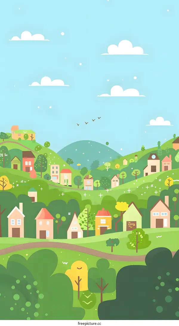 Cartoon Illustration of Green Hills and Houses