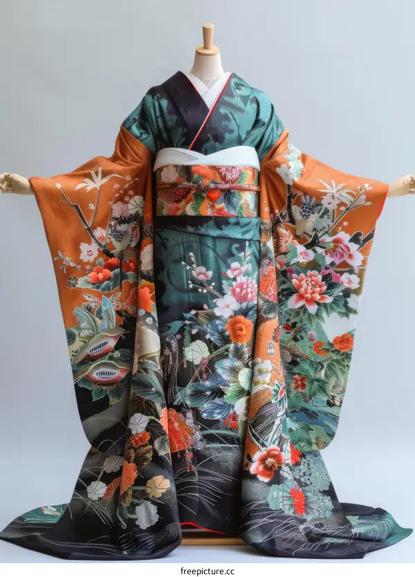 A kimono with a pattern of flowers and birds