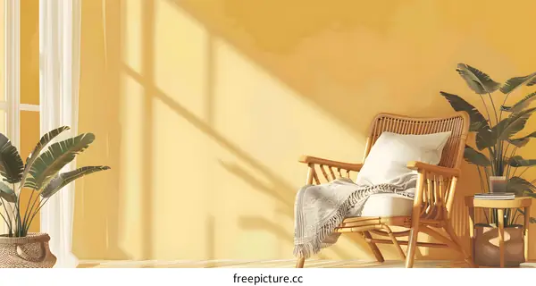 Minimalist Living Room With Yellow Wall And Rattan Chair